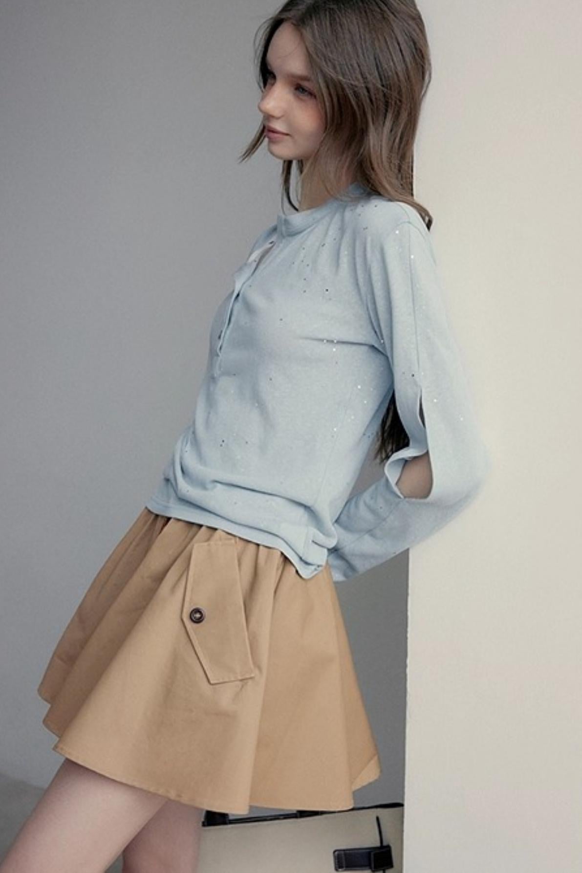 Henry Collar Design Loose Sequin T-shirt