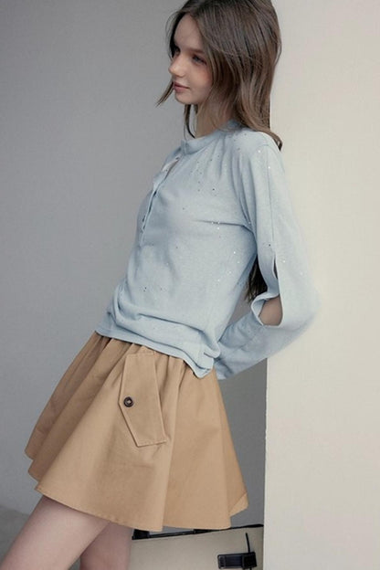 Henry Collar Design Loose Sequin T-shirt