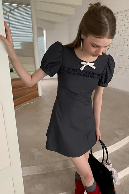 Detachable Bow Bubble Short Sleeve Dress