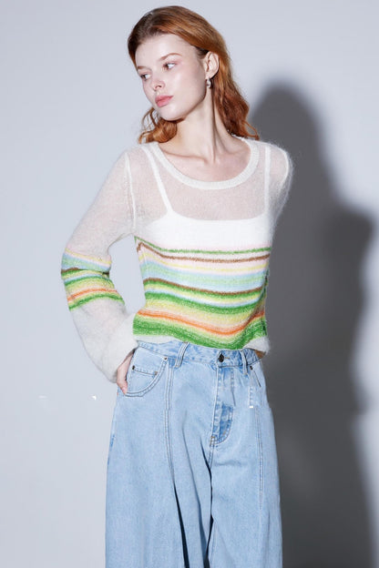 Mohair Silky Wool Rainbow Lantern Sleeve Sweater