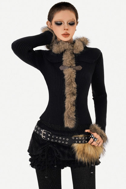 Retro Fur Collar Knit Sweater