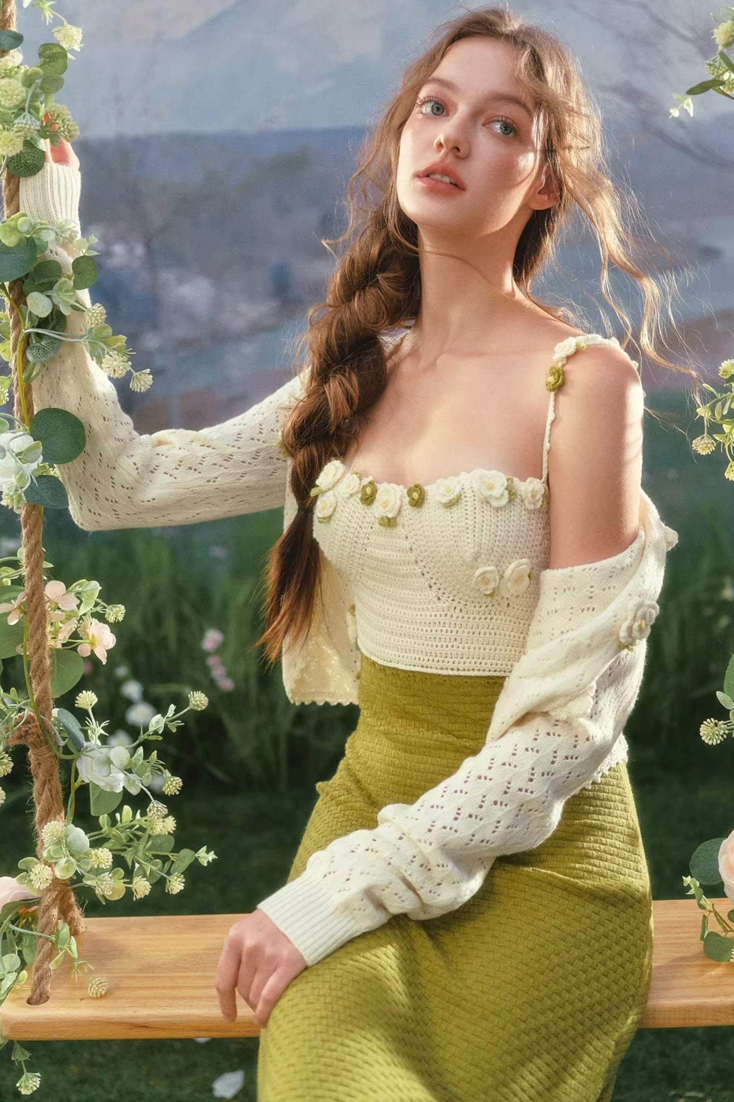French Pastoral Knit Camisole Dress Set-Up