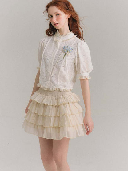 Flower Jacquard Lace French Short Sleeve Shirt