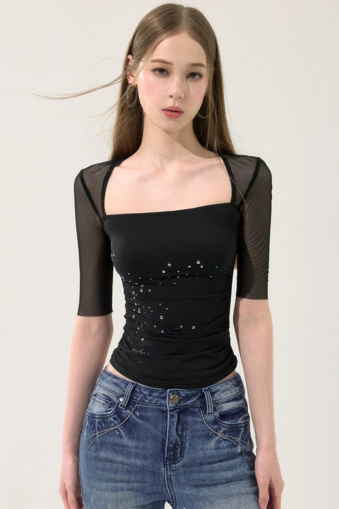 Mesh Splicing Rhinestone Top