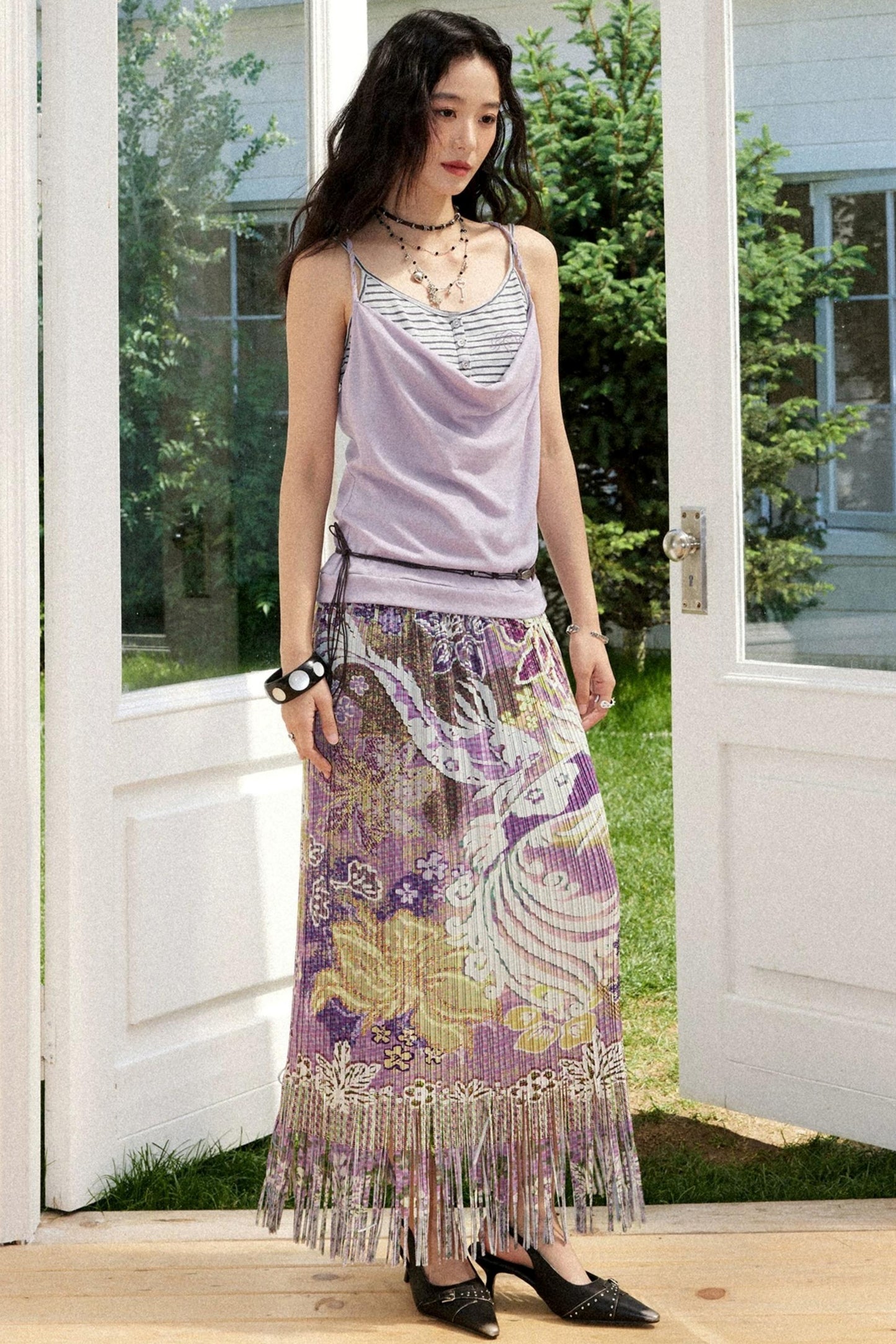 Pleated Satin Floral Skirt