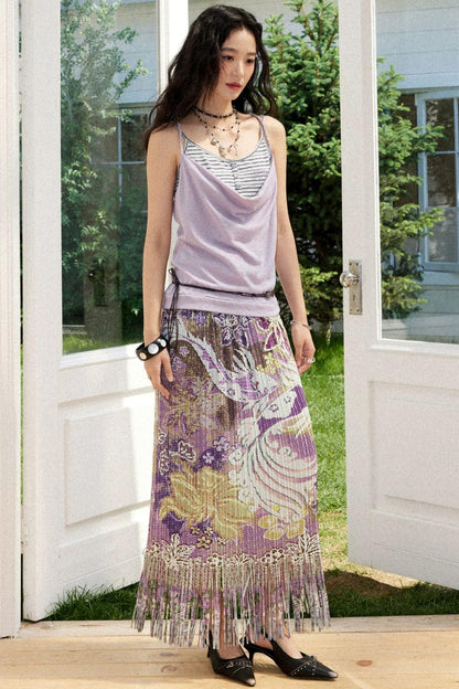 Pleated Satin Floral Skirt