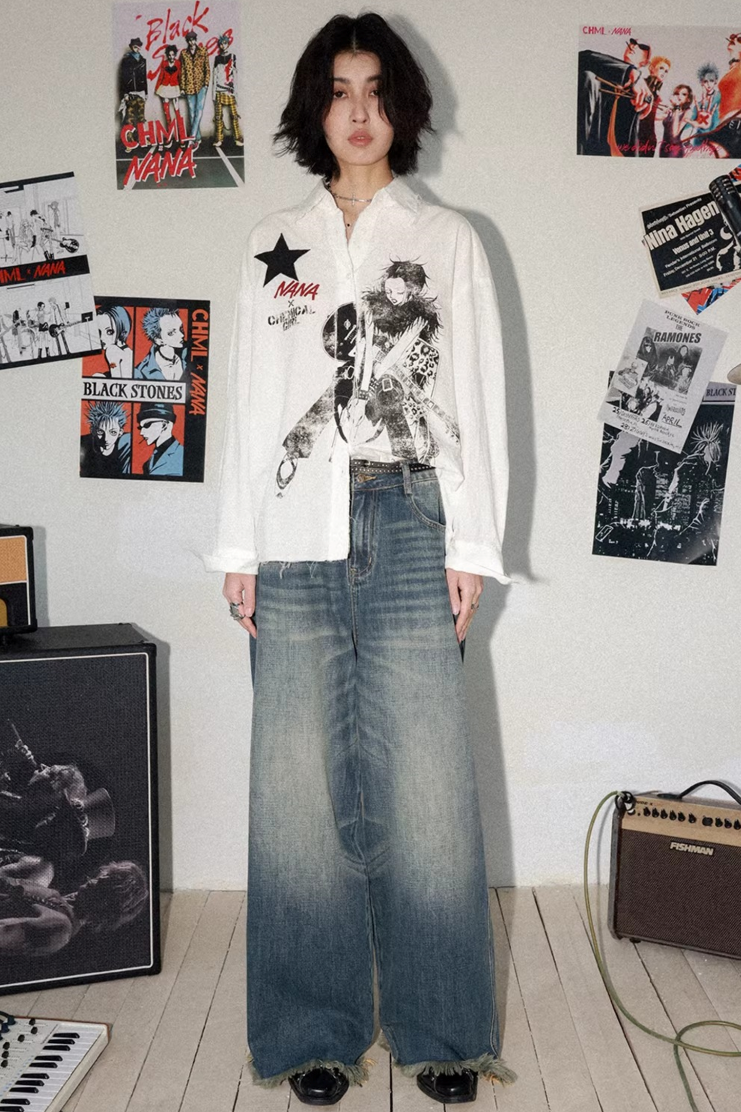 Retro Bluse mit ausgefranstem Saum