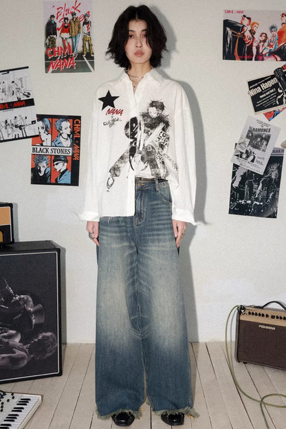 Retro Bluse mit ausgefranstem Saum