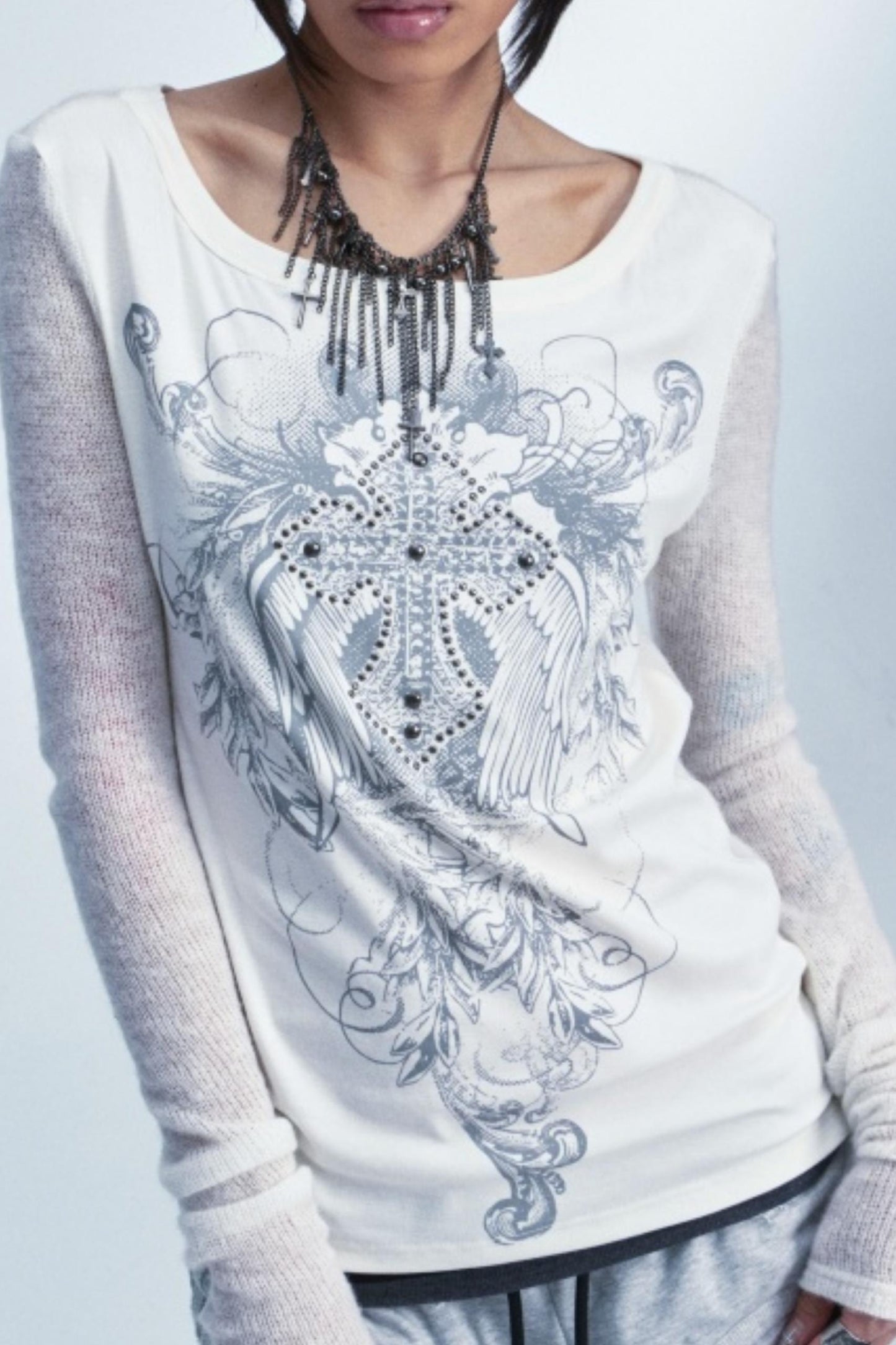 Two-Tone Cross Print Top