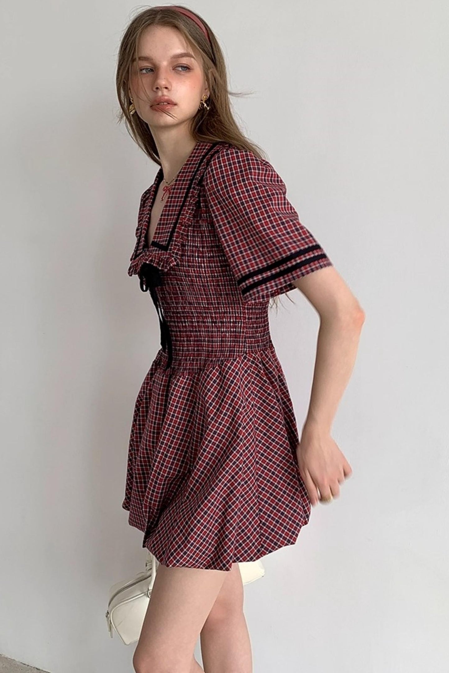 Plaid V-neck Bow Bubble A-Line Bud Dress