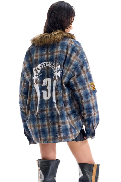 Embroidered Plaid Fur Collar Jacket