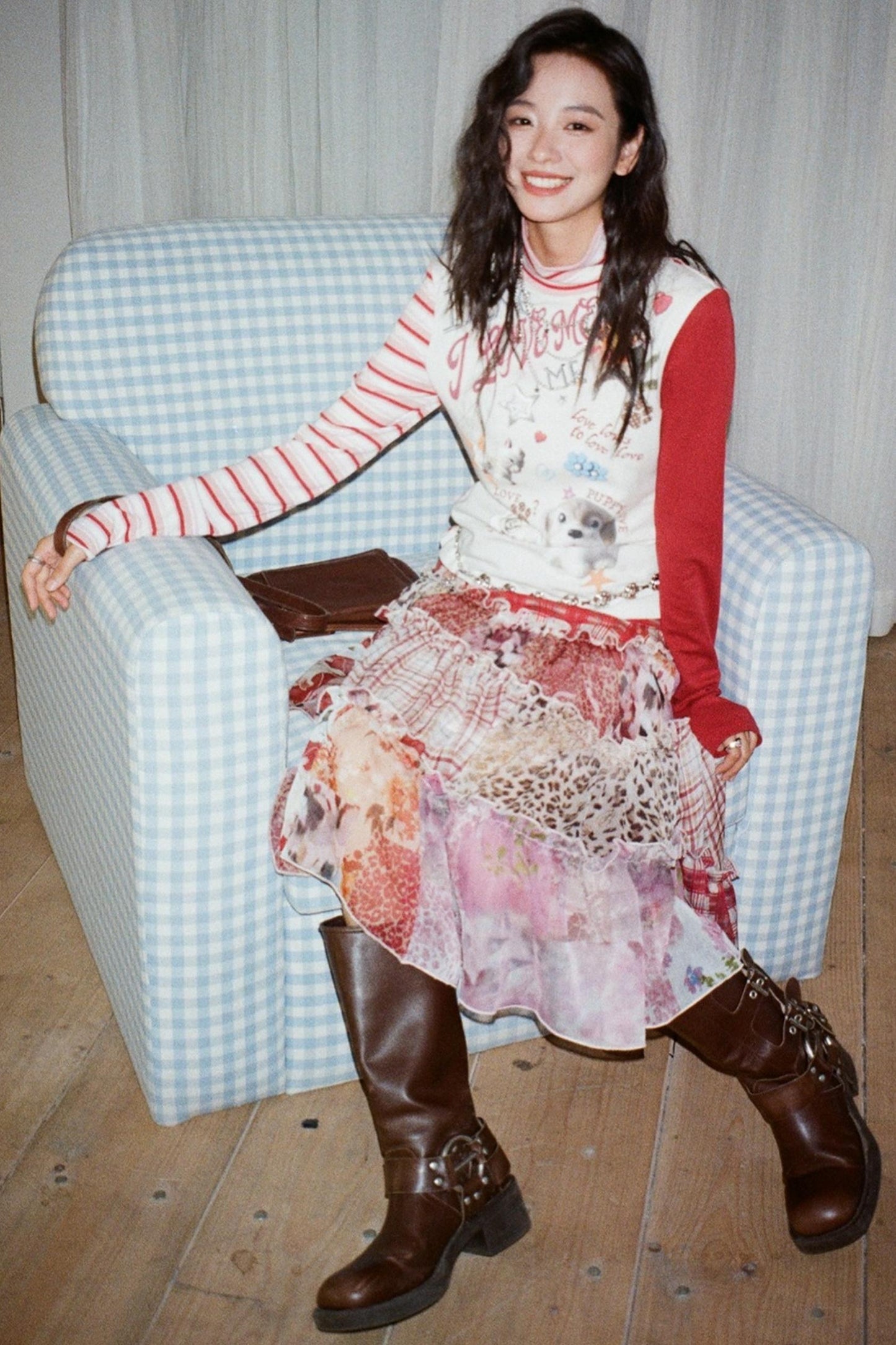 High-Neck Asymmetrical Print T-Shirt