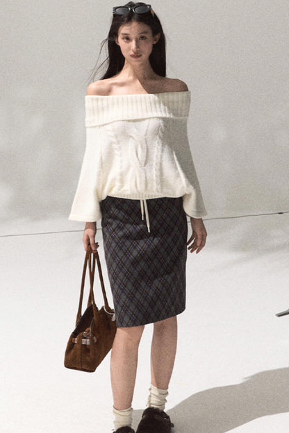 Moon Wool Twist Knit Cape Sweater Set-Up