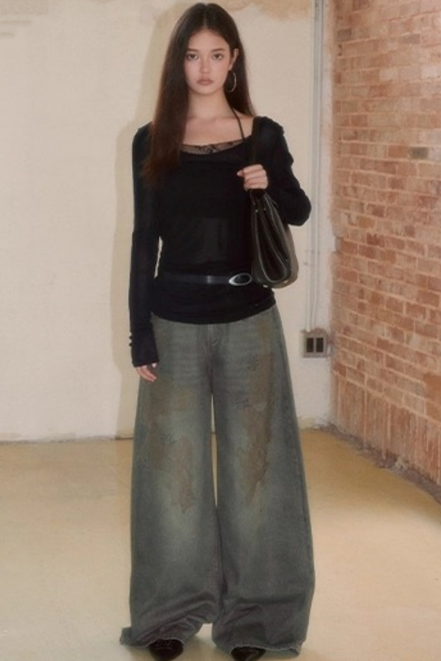 Spliced Long Sleeve Swing Collar T-Shirt