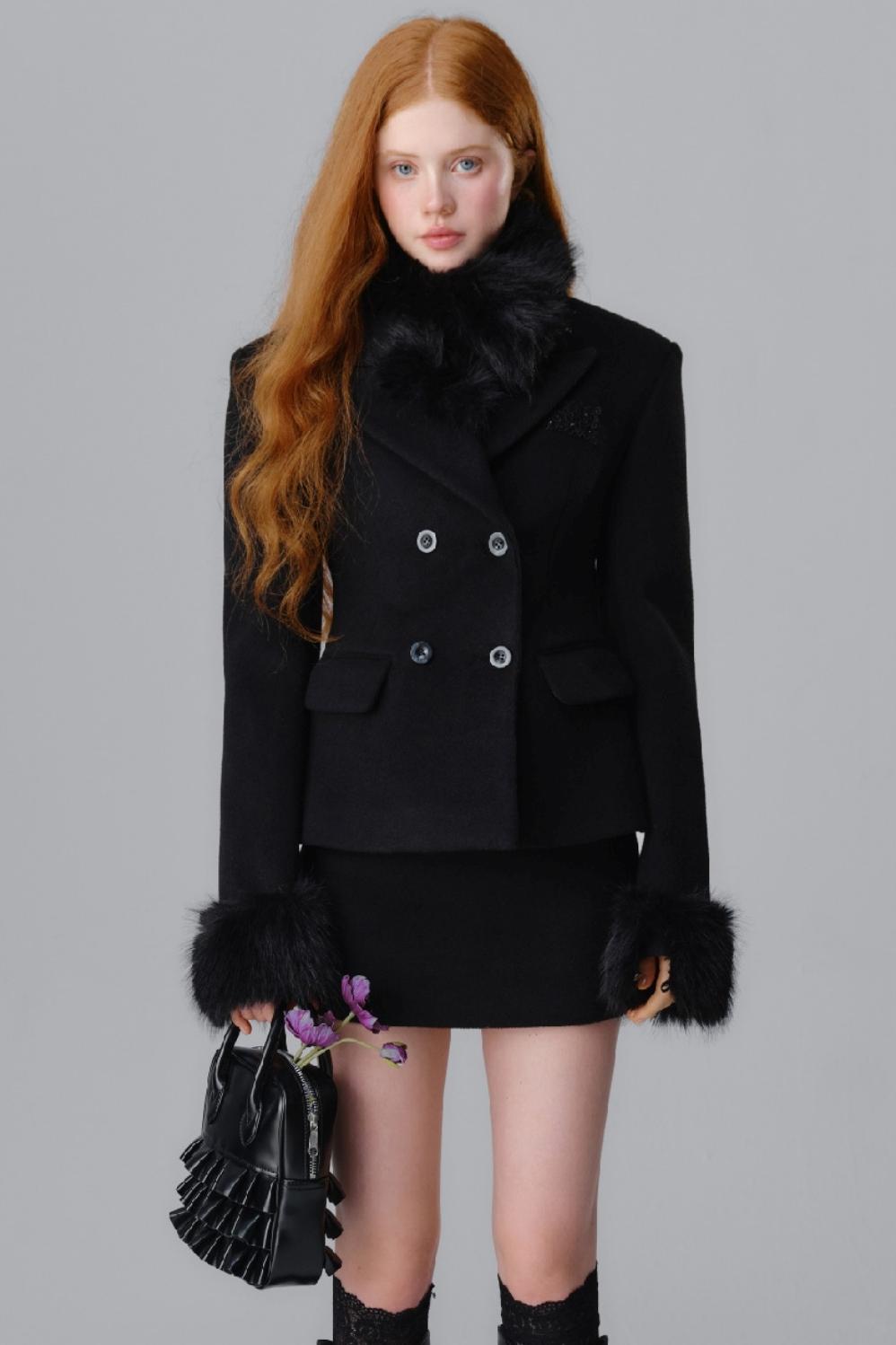 Fur Collar Blazer & Skirt Set-Up