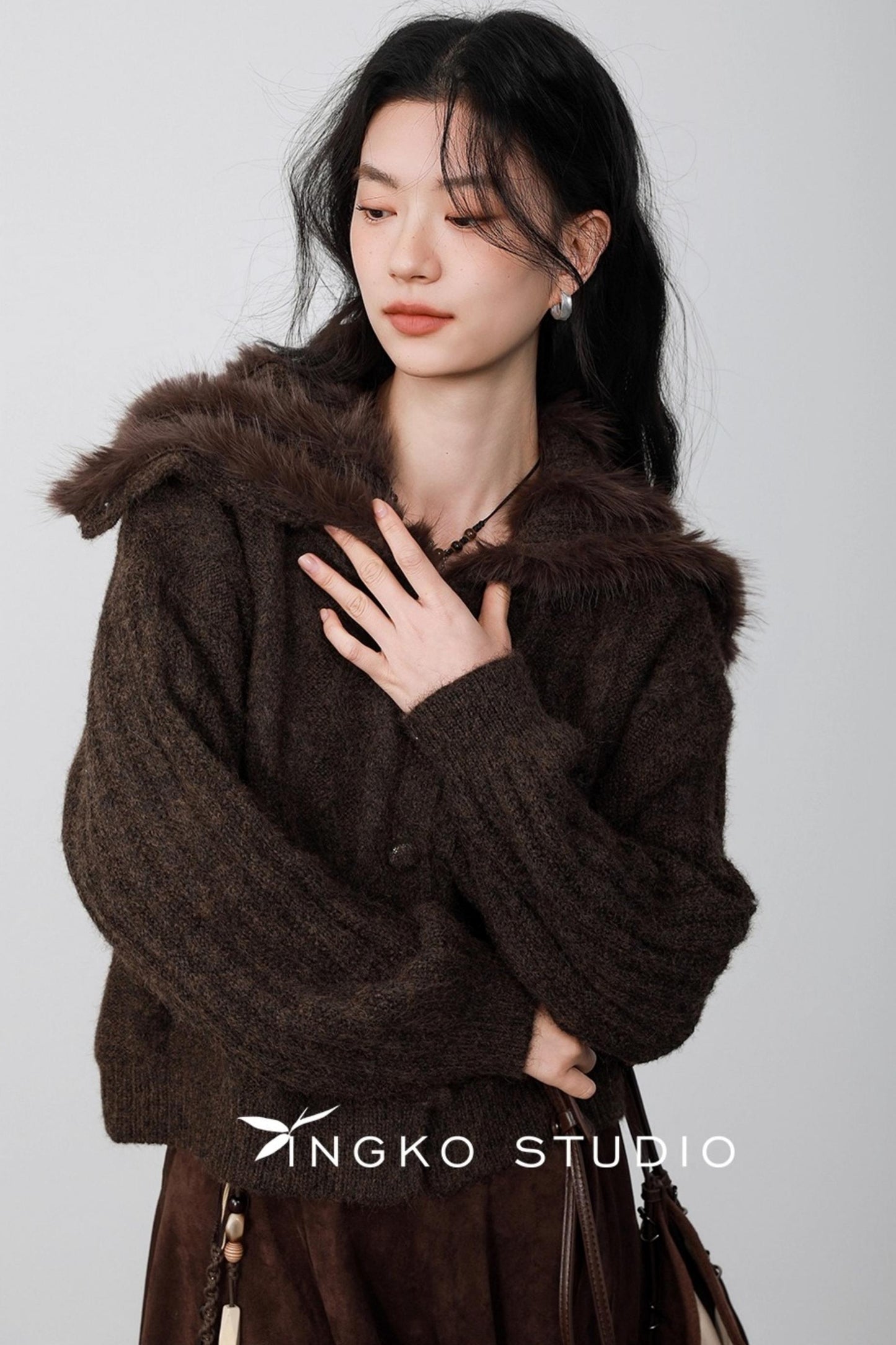 Caramel Brown Fur Collar Cardigan