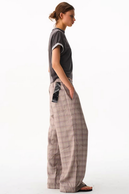 Blue Plaid Wide-Leg Pants
