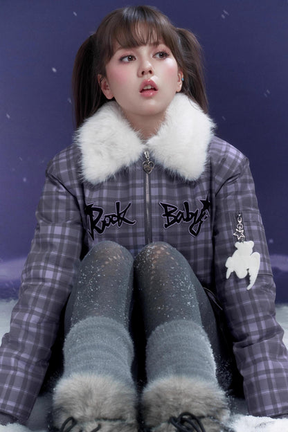 Purple Plaid Fur Collar Jacket