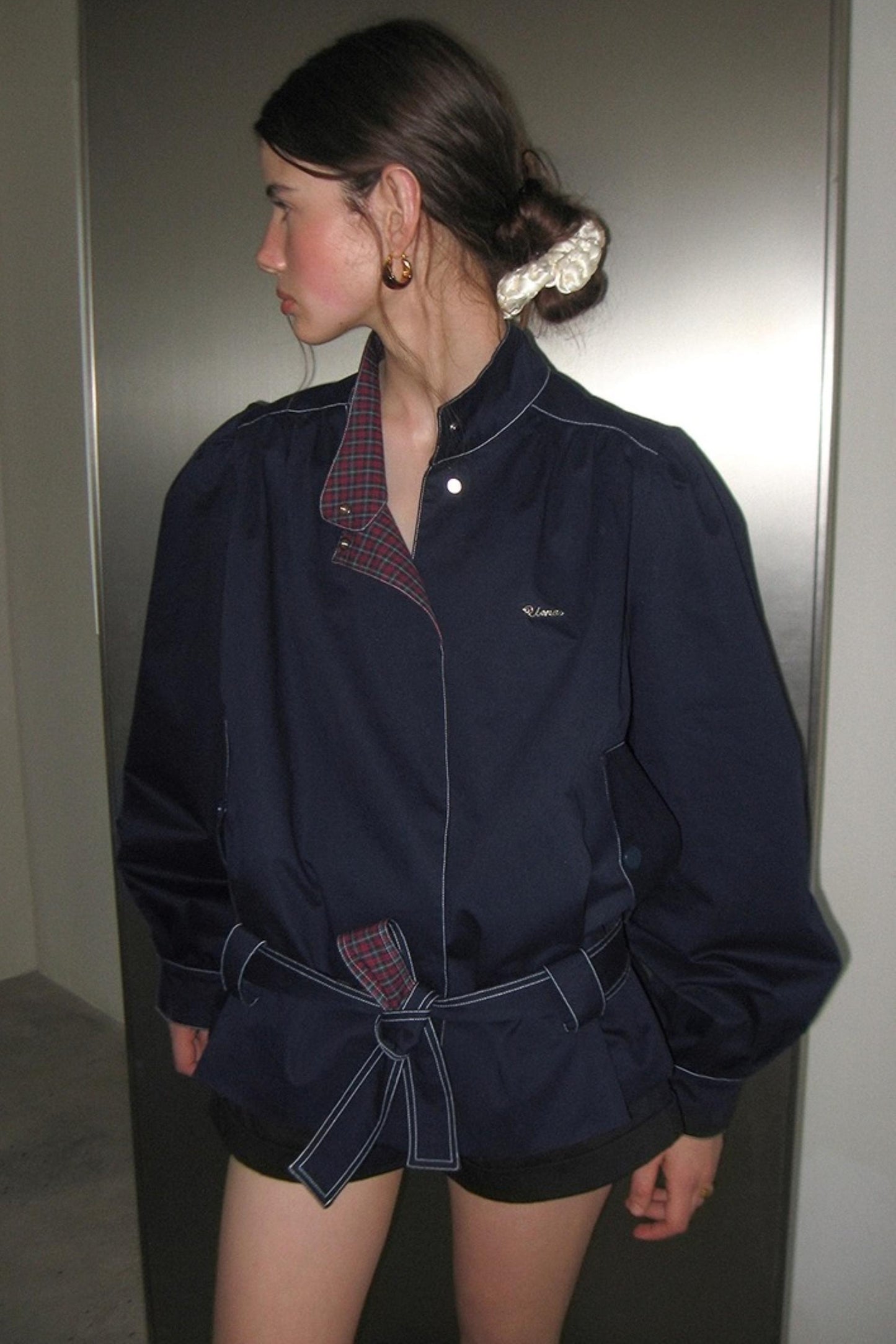 Vintage Navy Blue Patchwork Check Jacket