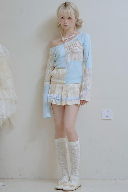 Beige Lace Blue Knit Crew Neck Long Sleeve Top