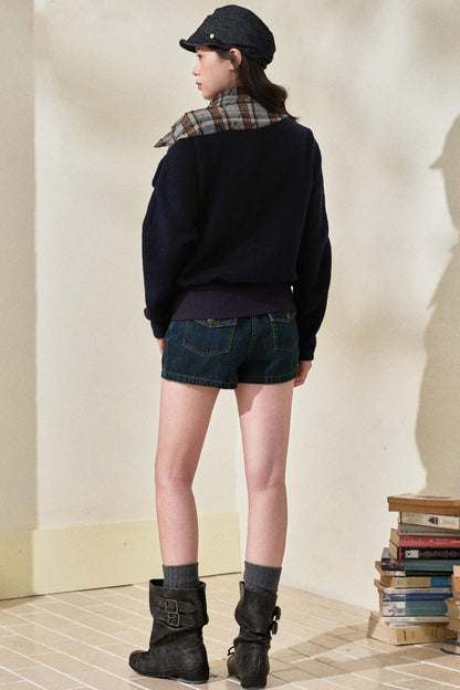 Blue Plaid Wool Fake Two-Piece Top