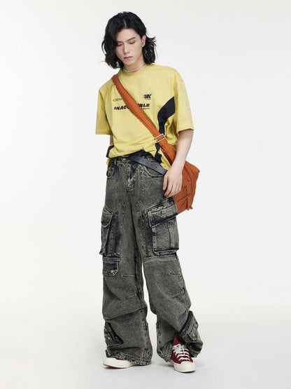 Multi Pocket Retro Wide Leg Denim Pants