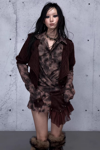 Plaid Knit Irregular Top