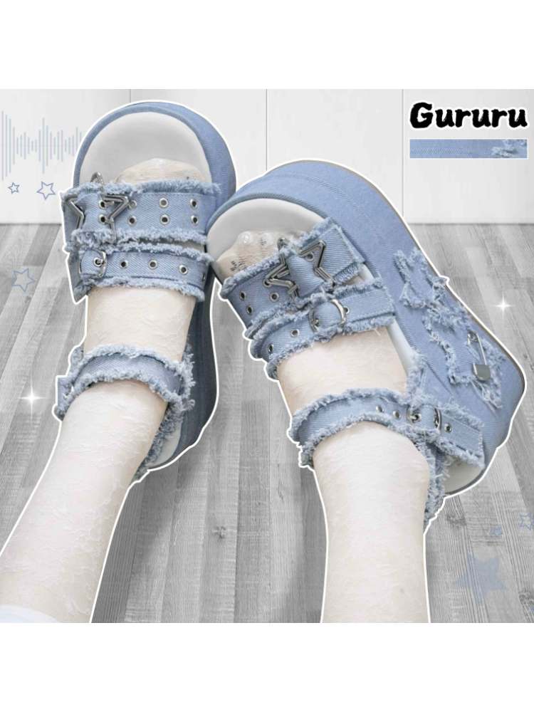 Y2K Punk Star Denim Eyelet Belt Super Thick Sole Sandals