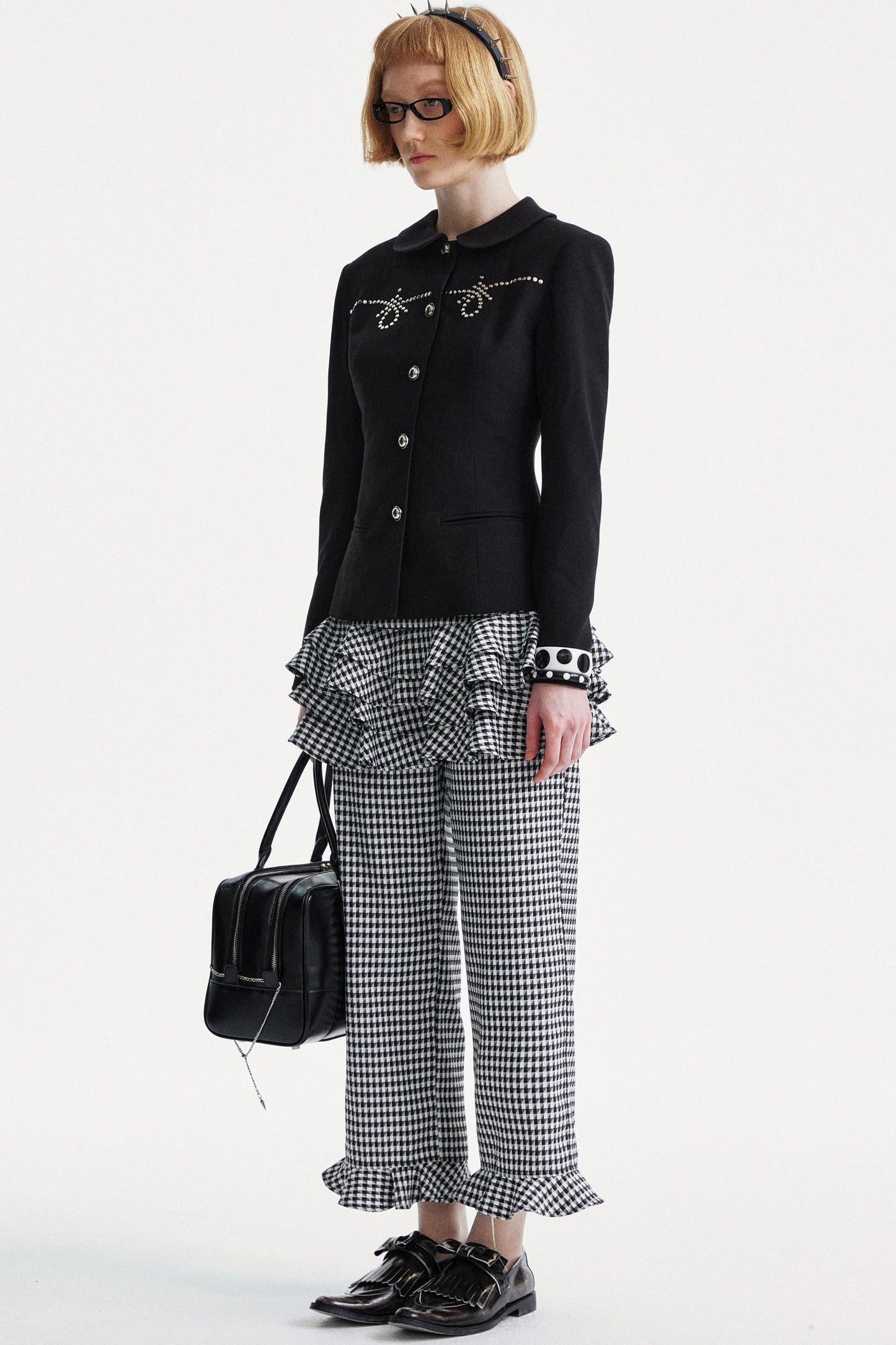 Lace Trim Checkered High Waist Pants