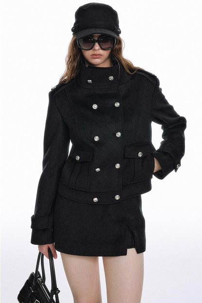 Classic High-Necked Black Woolen Skirt Set-Up