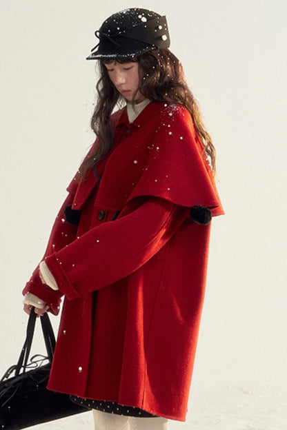 Detachable Cape Red Wool Coat