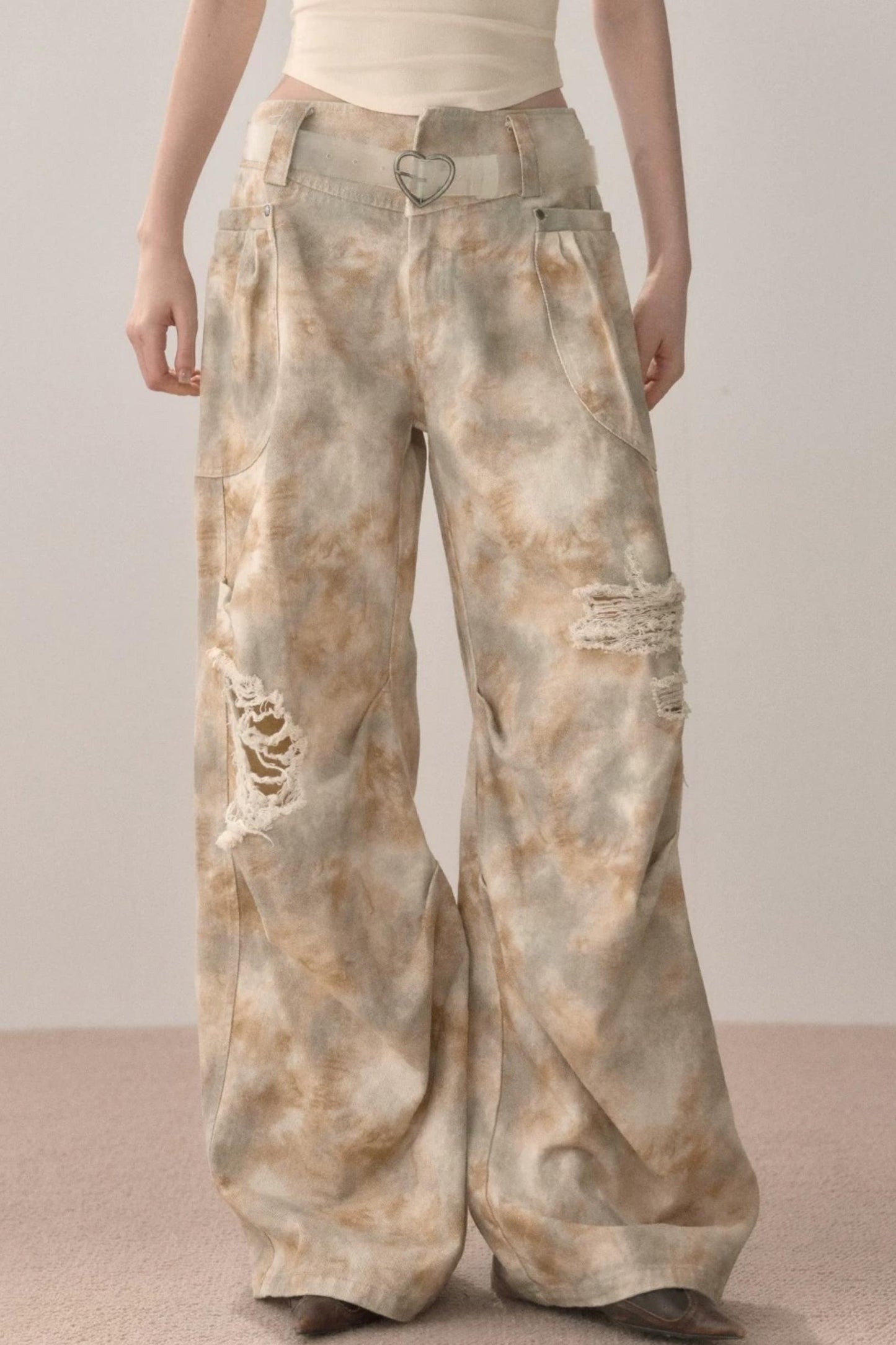 Gradient Wide-Leg Ripped Pants