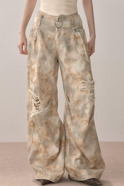 Gradient Wide-Leg Ripped Pants