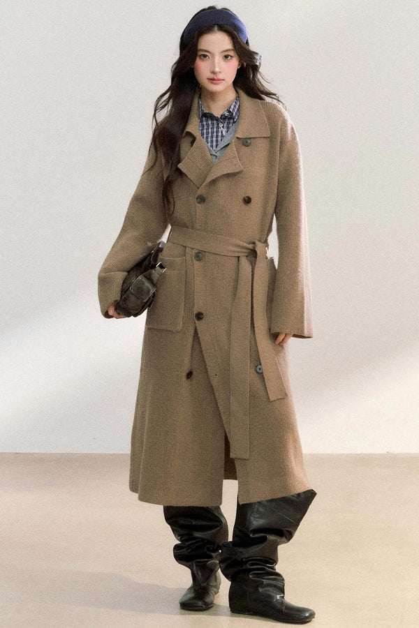 Lapel Double-Breasted Knit Coat