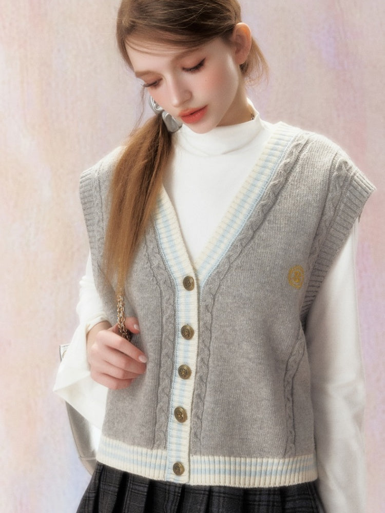 Embroidered V-Neck Knit Jacquard Vest Cardigan