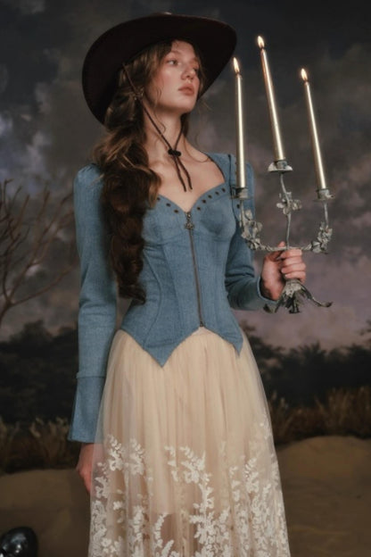 Denim Slim-Fit Jacket Skirt Set-Up