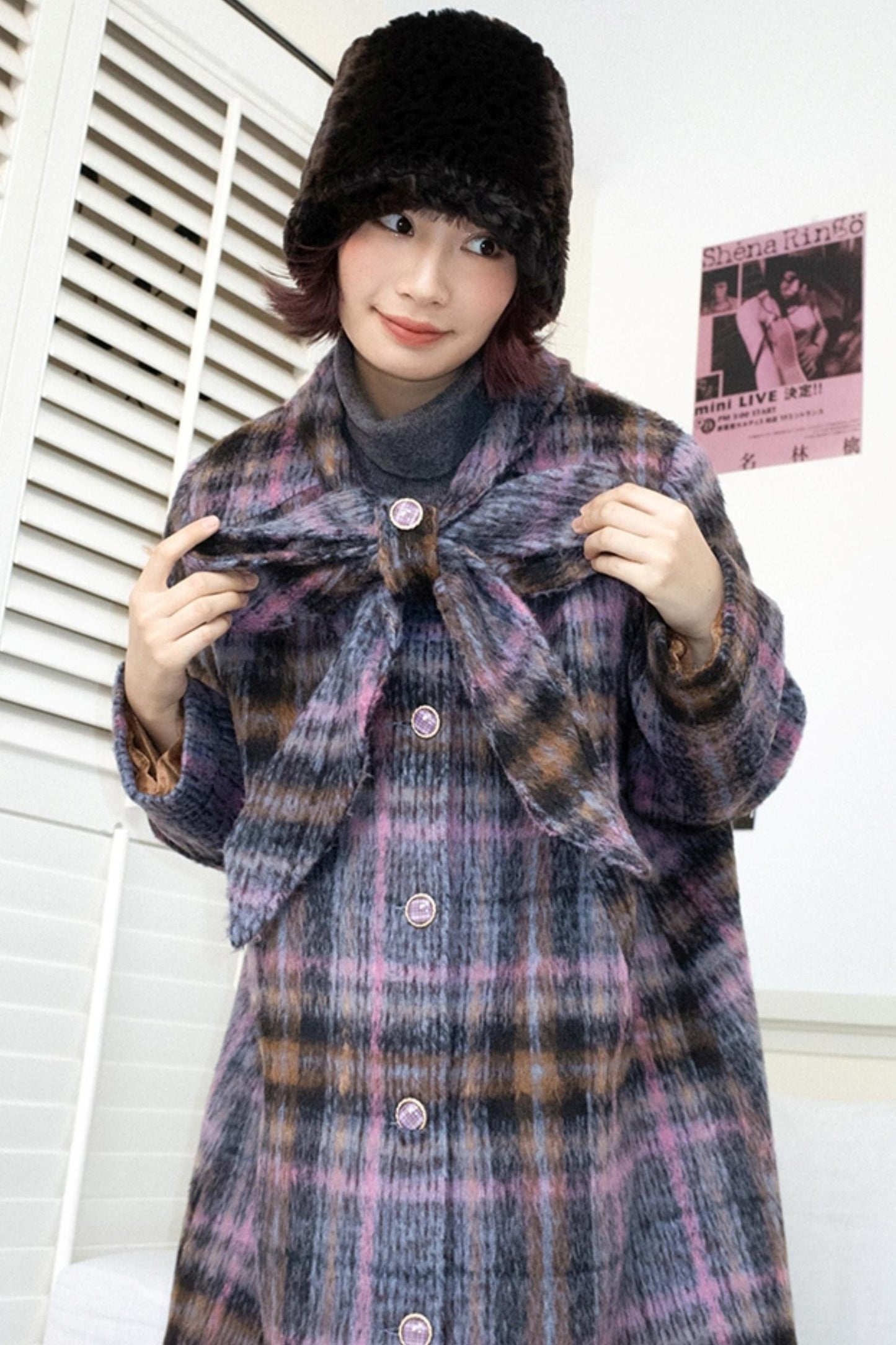 Elegant Bow Tartan Coat