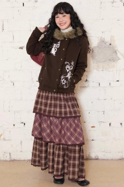 Dark Brown Hooded Jacket Skirt Set-Up