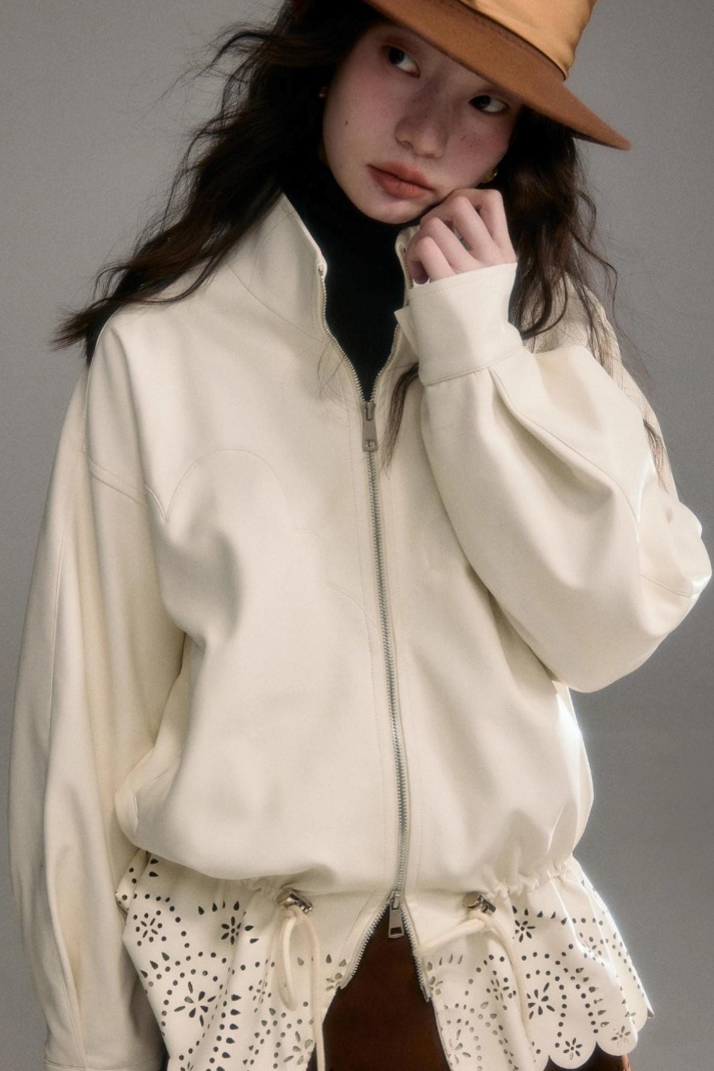 Hollow-Out Floral Leather Jacket