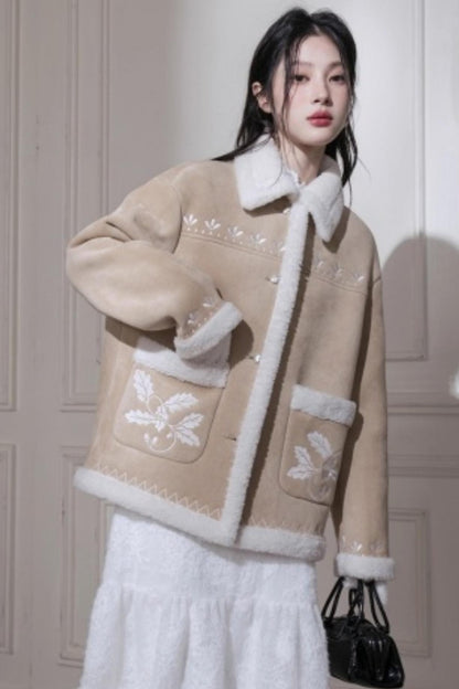 Suede Khaki Embroidery Jacket