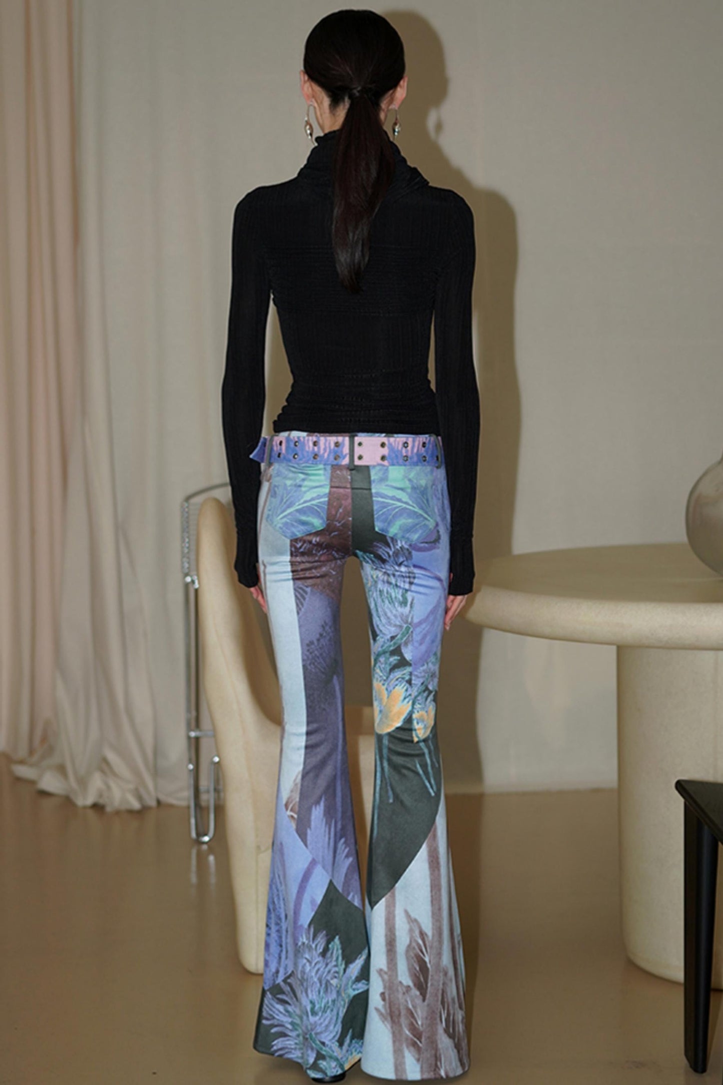 Vintage Print Suede Flared Pants