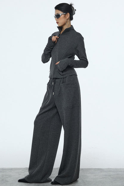 Gray Zipper Slim-Fit Top & Pants Set-Up