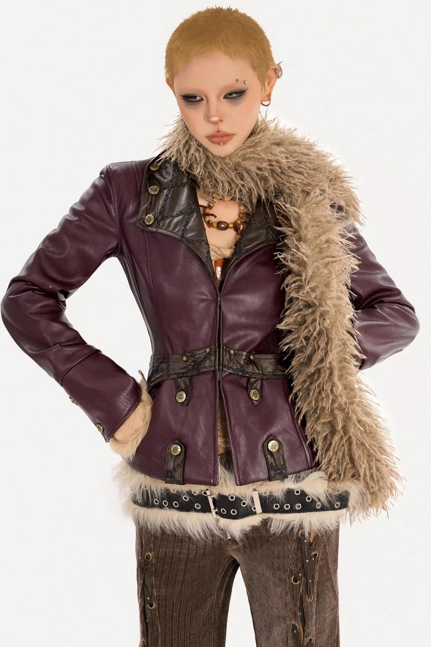 Vintage Leather Fur Collar Jacket