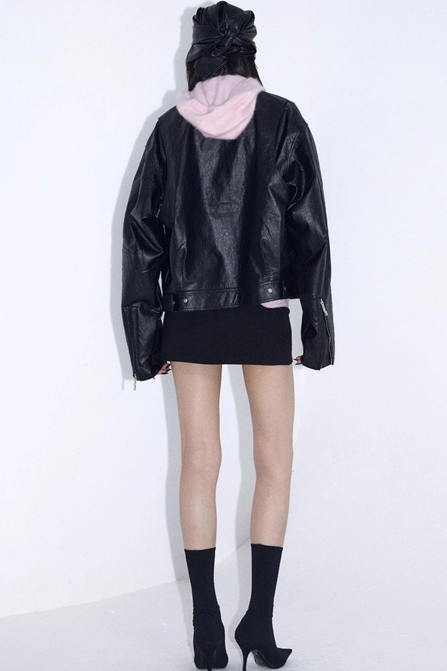 Stand-Up Pleated Leather Jacket