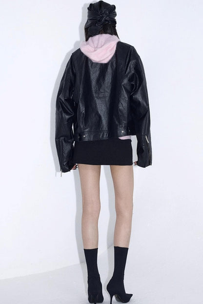 Stand-Up Pleated Leather Jacket