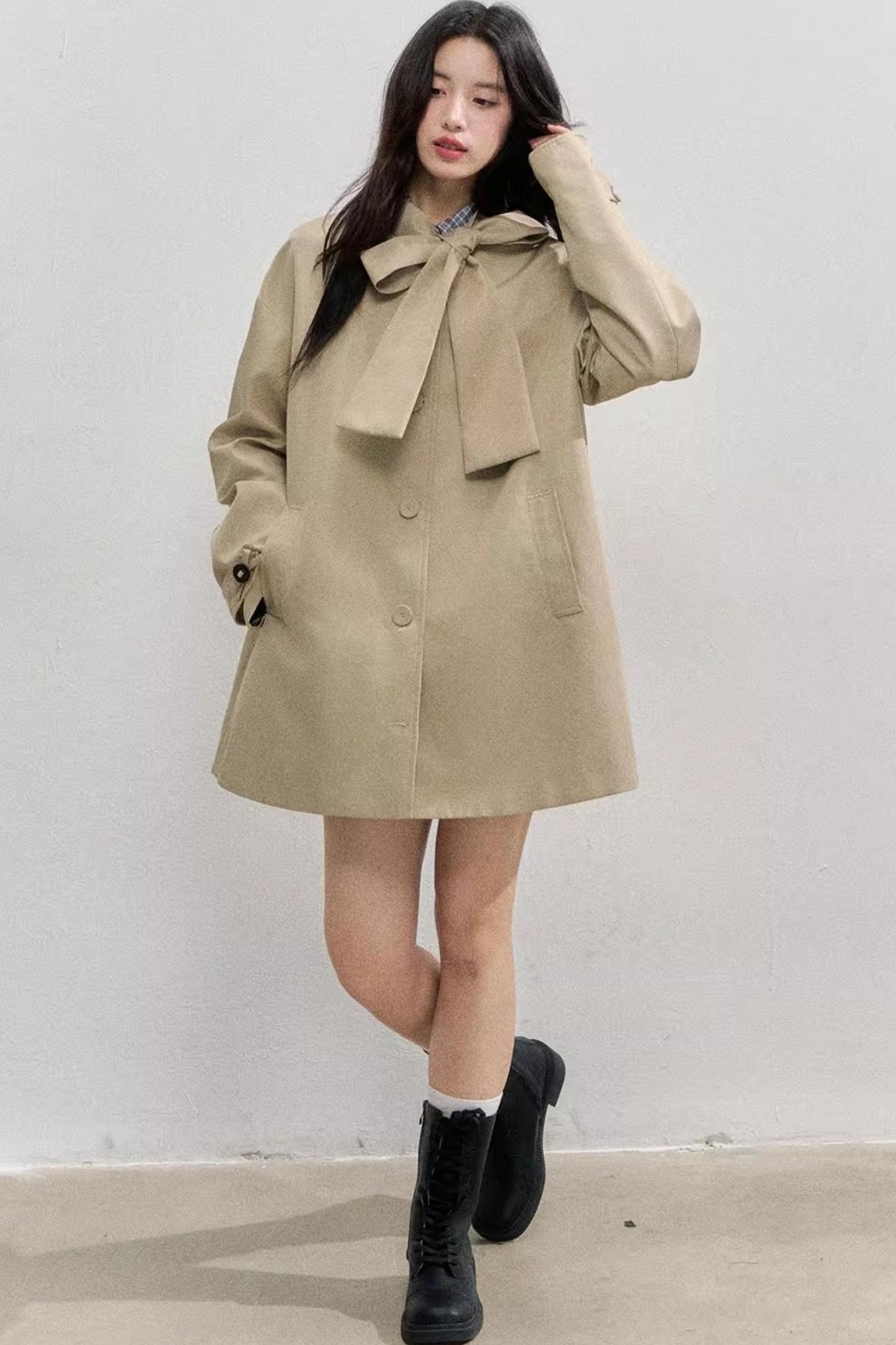 Vintage Bow Plaid Trench Coat