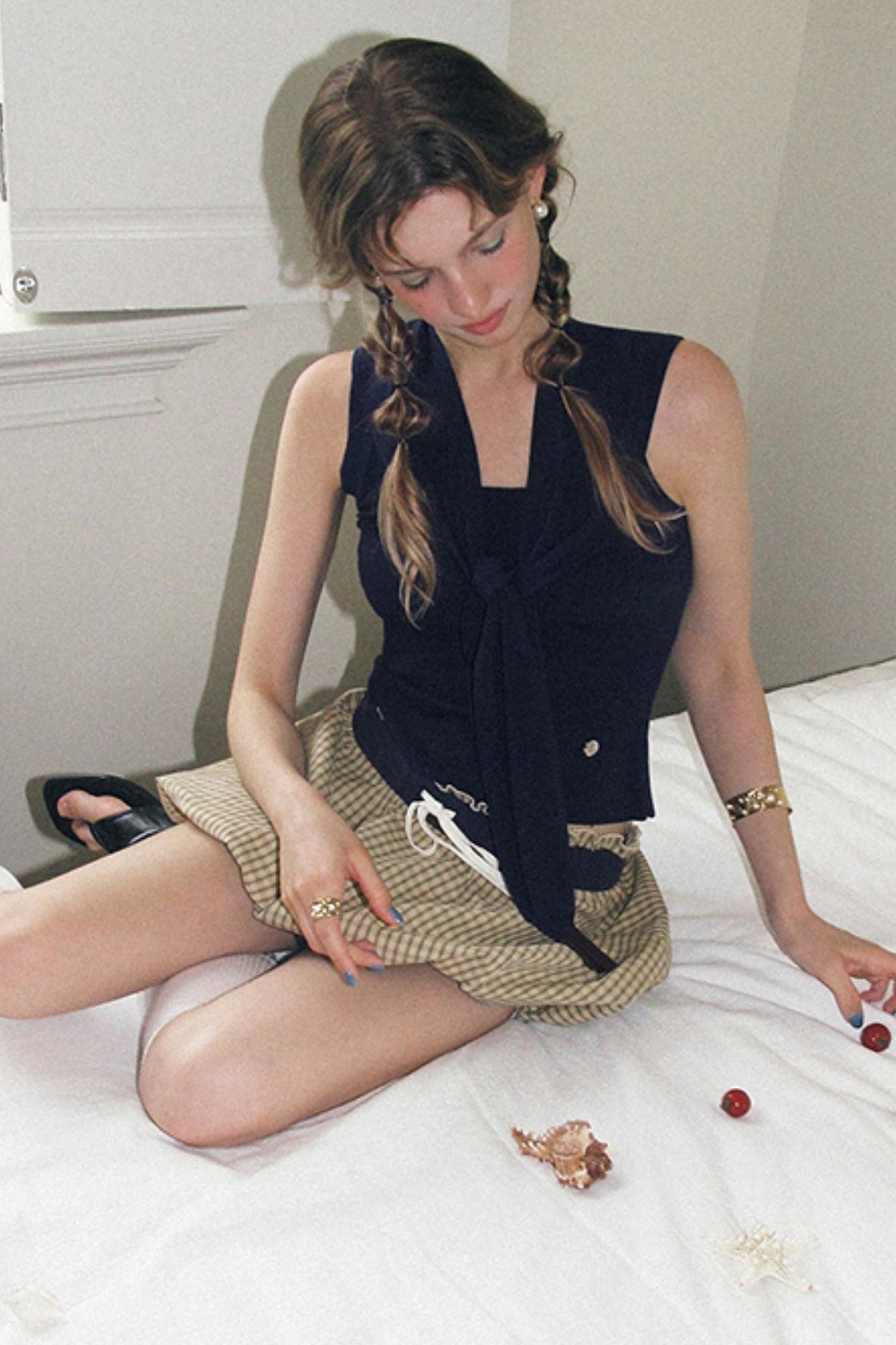 Vintage Khaki Plaid Elastic Skirt