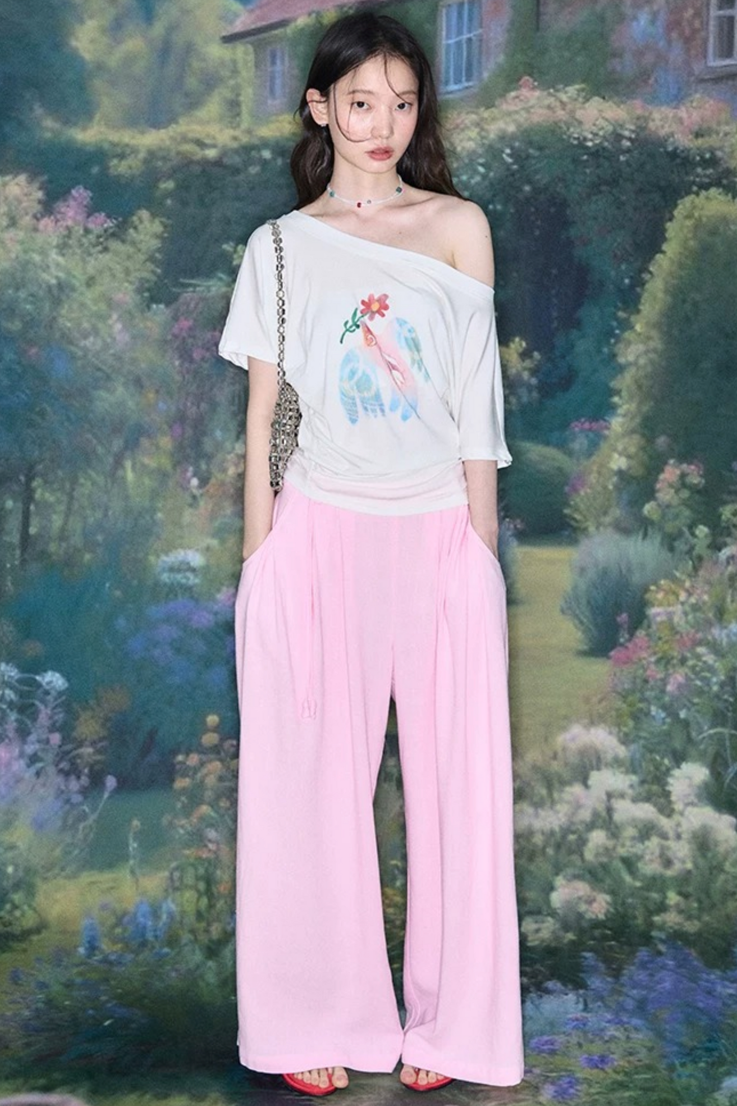 Mint Bird Print Off-Shoulder Ruched Top