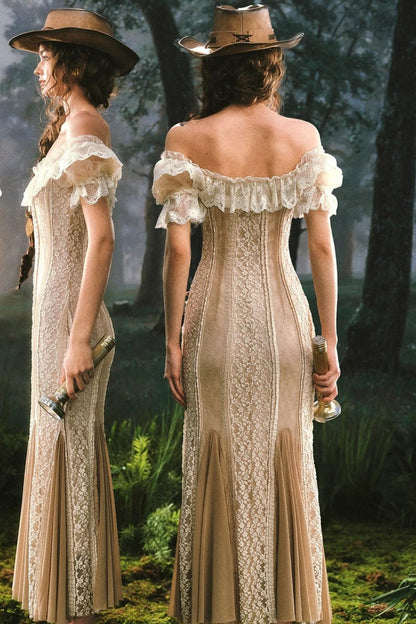 French Countryside Lace One-Shoulder Dress