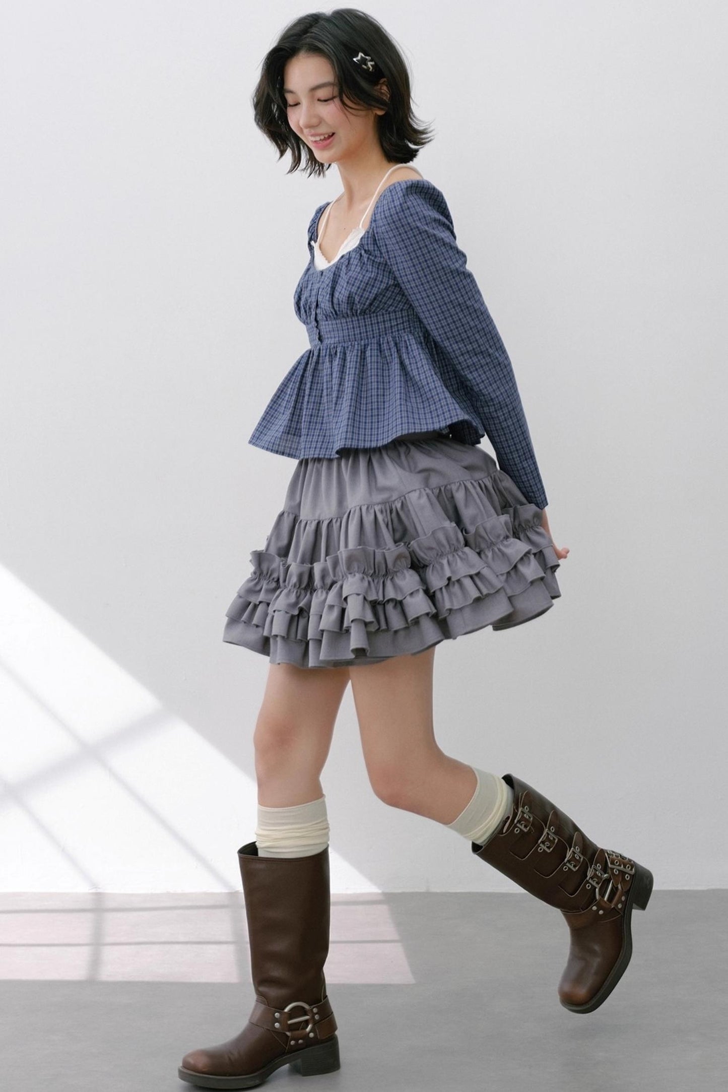 Vintage Navy Blue Check Cinched Shirt